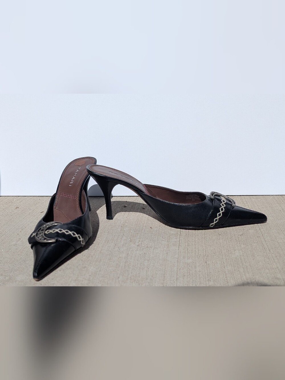 Tahari "Dillon" Black Leather Slip-On Kitten Heel Mules